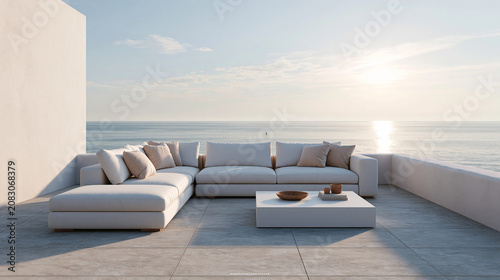 Fotografie Modern living room furniture arranged neatly by a large window overlooking the o