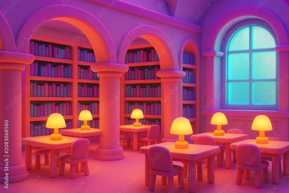 Obraz premium Cozy stylized library interior with glowing table lamps, arched architecture, and colorful bookshelves in soft lighting and dreamy atmosphere. Ai generative