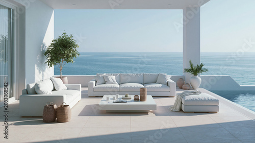 Obraz na płótnie Modern living room with large windows overlooking the ocean and cozy seating are