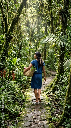 Woman walking on jungle path with flower basket