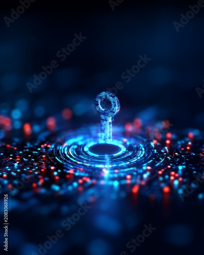 Cybersecurity Concept - Floating Encryption Key Above Glowing Data Core for Cyber Defense Strategy