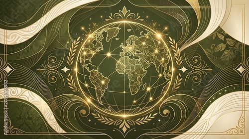 Elegant golden world globe network on dark green decorative background