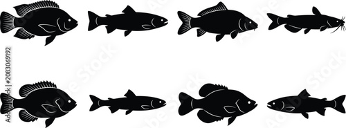 Bild auf Leinwand Set of freshwater fish silhouettes for fishing clubs seafood markets restaurants