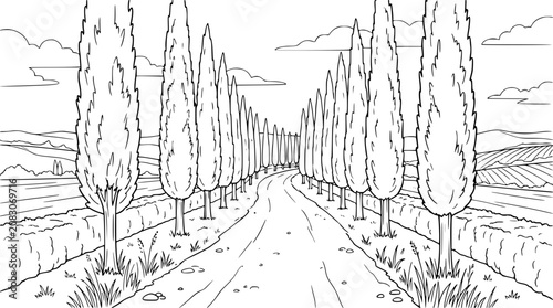 Tuscan Landscape Road with Cypress Trees Line Art Coloring Page