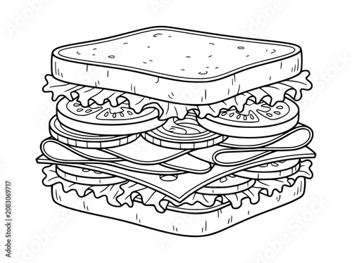 Sandwich Line Art Illustration for Coloring Page