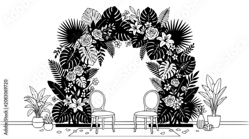 Tropical Wedding Ceremony Arch with Flowers and Leaves Line Art Illustration