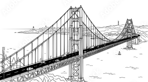 Suspension Bridge Coloring Page Illustration with City Skyline and Cars