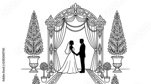 Wedding Couple Under Decorative Arch Line Art Coloring Page