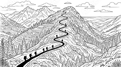 Winding Mountain Path with Hikers Line Art Coloring Page