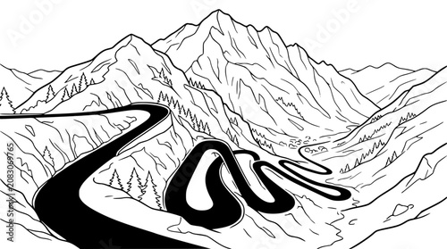 Winding mountain road line art illustration for coloring page