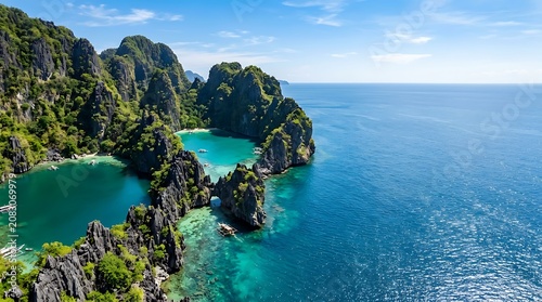 Aerial view of tropical lagoons with limestone cliffs and clear water