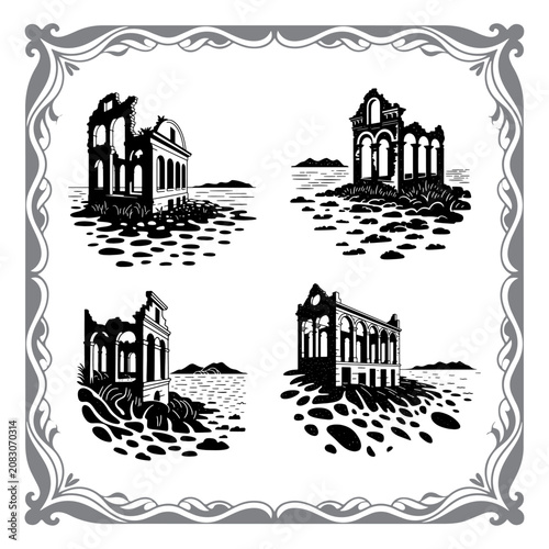 Vintage Castle Ruins Illustration Set with Ornate Border
