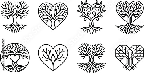 Fotografie Heart Shaped Tree of Life Line Icon Set with Roots and Branches Symbols for Ecol