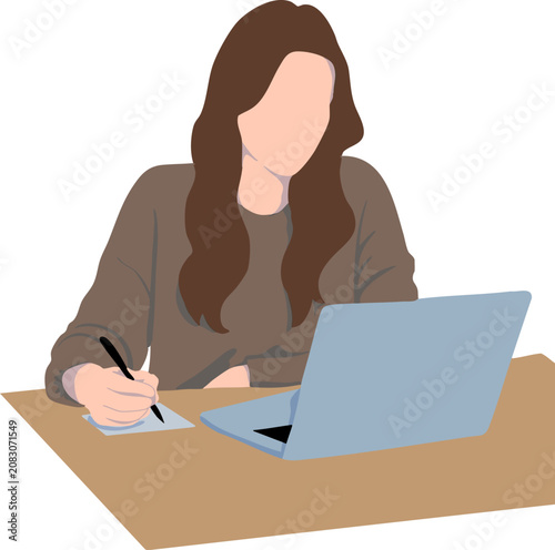 a businesswoman writing notes while working on a laptop at a desk. Great for office work, studying, planning, project management, education, and productivity concepts.