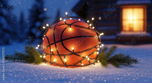 Basketball with holiday lights, snow, cabin, and evergreen, festive scene