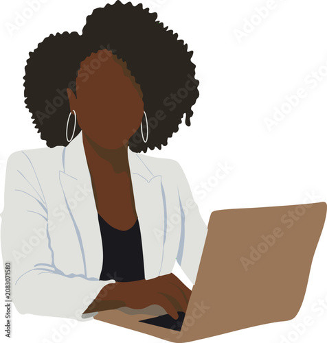 an African businesswoman using a laptop computer in a professional office environment. Ideal for diversity, inclusion, remote work, business, corporate, and technology-related projects.