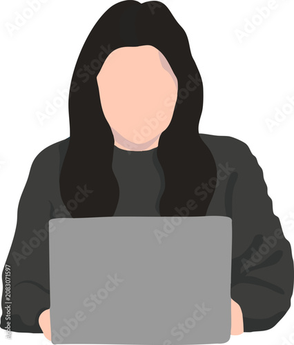 a woman working on a laptop computer. Suitable for online education, remote work, freelance business, technology, digital communication, and office-related designs.