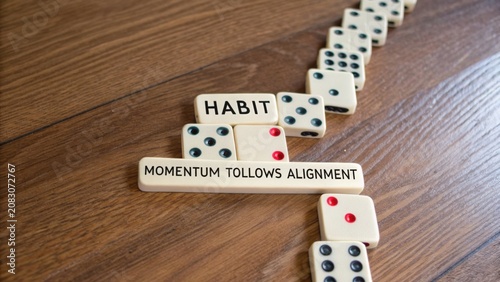 Dominoes Arrange to Form Conceptual Words Focused on Habit, Momentum, and Alignment on Wooden Surface Background