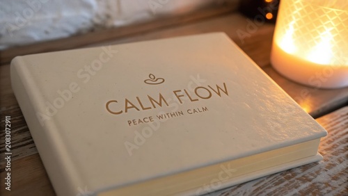 Elegant book titled 'Calm Flow' resting on wooden surface beside glowing candle for serene atmosphere and mindfulness practice