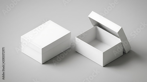Two white gift boxes one open one closed on grey background