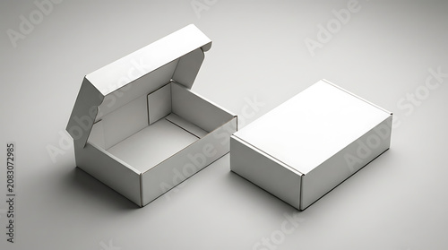 Two white cardboard boxes one open one closed packaging 1