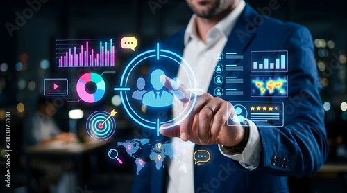 ​Tech Businessman Interacting with AI Customer Analytics Interface