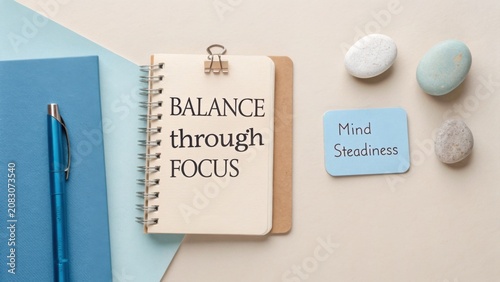 Inspirational Desk Setup with Notebook Promoting Balance, Focus, and Mind Steadiness for Personal Development and Growth