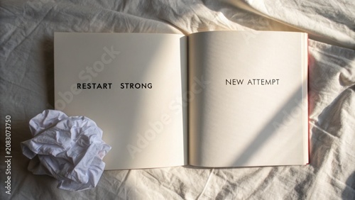 Inspirational open book with motivational words on pages, accompanied by crumpled paper on soft fabric surface