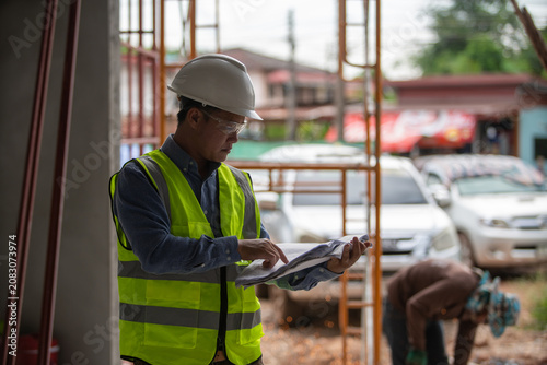 Obraz na plátně Construction worker wearing safety equipment examining blueprints at a job site