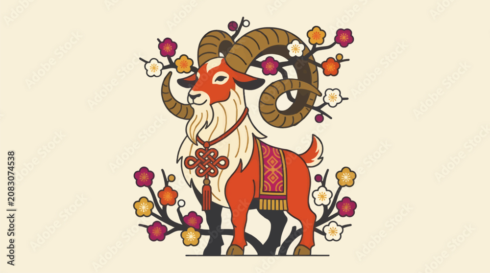 Naklejka premium Flat Vector Illustration of a Majestic Goat Character with Large Curled Horns, Wearing a Decorative Harness and Knot Pendant, Surrounded by Blooming Plum Branches with Flowers, on a Cream Background