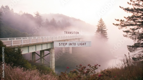 Misty Bridge with Inspirational Text Transitions into Light and Nature’s Beauty in a Serene Morning Landscape