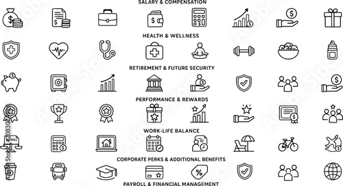 Bild auf Leinwand Black line icons for business benefits and employee welfare programs  human reso
