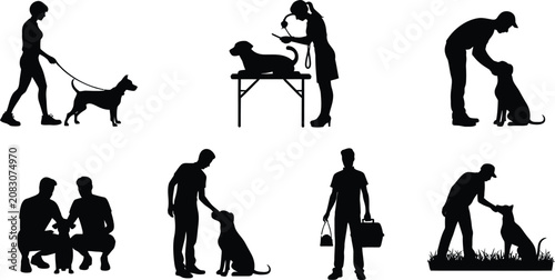Obraz na plátne Silhouette people interacting with dogs in various activities including walking,
