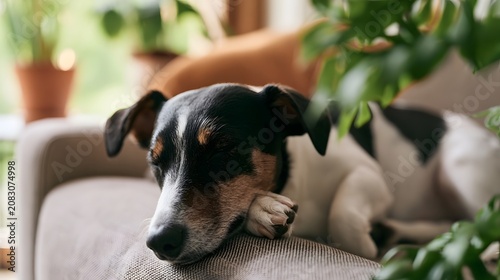 A black and white dog rests peacefully on a textured couch cushion surrounded by green houseplants