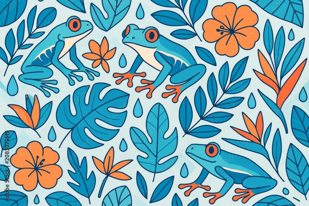 Fototapeta premium Colorful tree frogs and tropical leaves on light background in abstract graphic style with orange flowers and water droplets scattered throughout. Ai generative