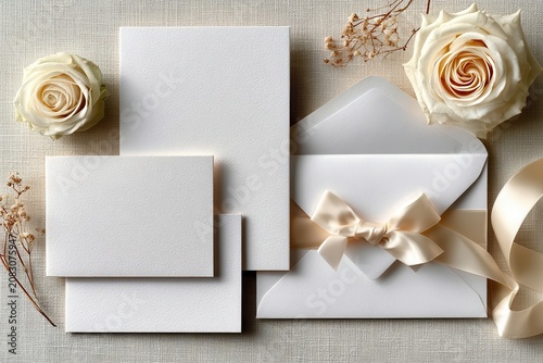 Elegant wedding stationery suite flat lay with blank invitation, envelope and roses for mockup
