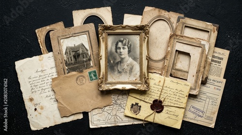 An assortment of vintage paper ephemera, handwriting, botanical illustrations, sheet music, and decorative tags.