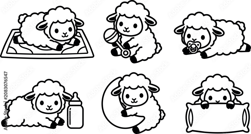 Obraz premium Black and white baby lambs with baby bottle rattle pacifier moon and pillow