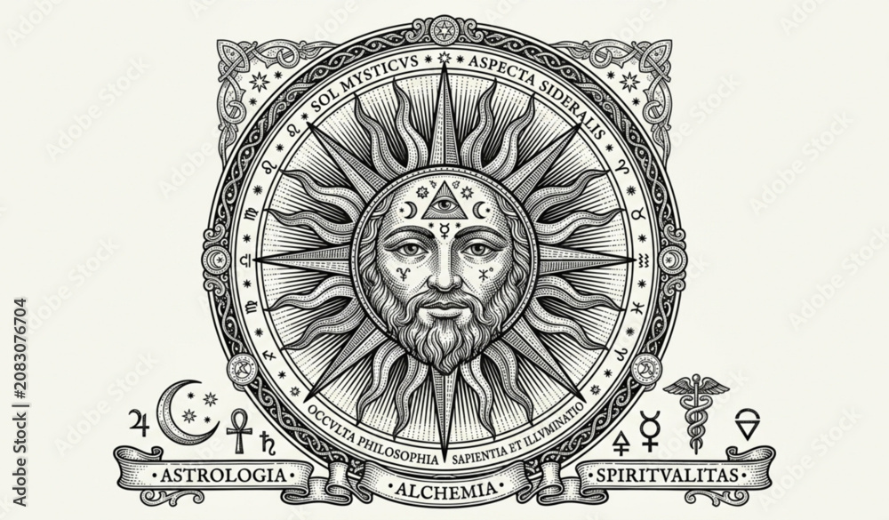 Naklejka premium Vintage Engraving Sun Esoteric Occult Vector Illustration