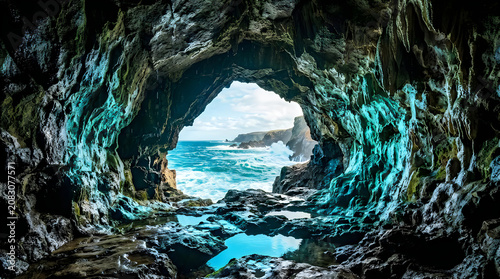 Ice cave with glowing blue water and stalactites