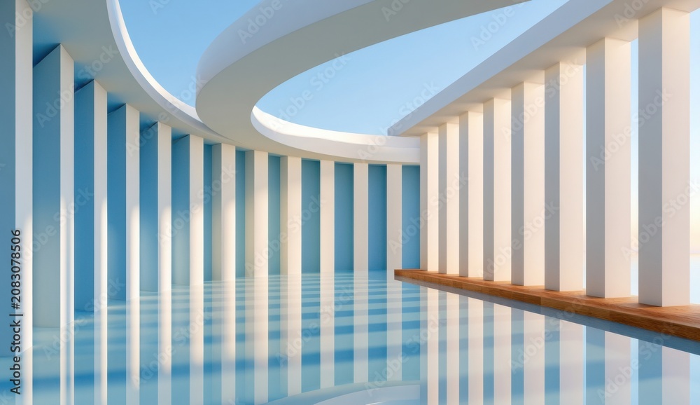 Fototapeta premium Minimalist modern architecture with white columns, curved roof and reflective pool in soft light