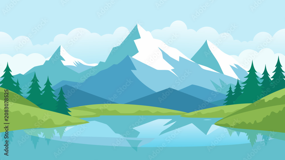 Fototapeta premium Alpine Lake Meadow Flat Vector Landscape