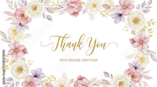 Watercolor thank you card with pastel floral border