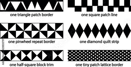 Black and white geometric patchwork borders with triangle square pinwheel diamond lattice patterns