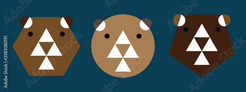 Modern geometric bear face icon collection featuring three minimalist bear designs created from simple abstract shapes in different brown color palettes. This clean vector illustration is perfect for 