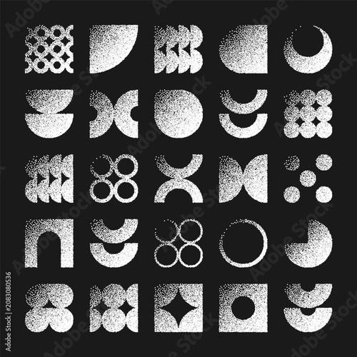 Brutalist geometric shapes, dotted objects. Stipple elements modern symbols. Simple primitive forms. Retro design, trendy contemporary minimalist style, y2k. Dot shading, drawing. Vector illustration