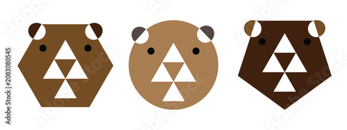 Modern geometric bear face icon collection featuring three minimalist bear designs created from simple abstract shapes in different brown color palettes. This clean vector illustration is perfect for 