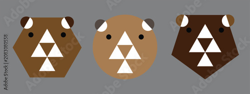 Modern geometric bear face icon collection featuring three minimalist bear designs created from simple abstract shapes in different brown color palettes. This clean vector illustration is perfect for 