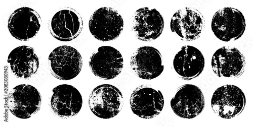 Grunge circles with stains and scratches. Circle brush stroke, round shape design element. Distressed dirty text frame, border, sticker or label. Paintbrush, ink stains. Vector illustration