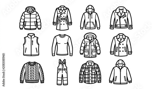 Fotografía Winter outerwear icons vector set black and white puffer jacket clothing collect